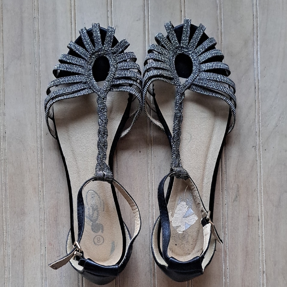 G.C Metallic Silver Sparkle Glam Retro Vintage Inspired Ankle Strap T-Strap Flat